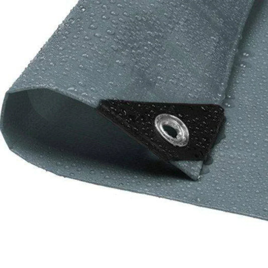 Closeout silver poly tarp 7' x 10' featuring a metallic corner anchor detail with reinforced grommet construction