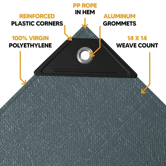 Closeout silver poly tarp 7' x 10' displaying a reinforced attachment point diagram with perimeter support features