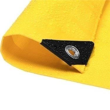 Closeout yellow poly tarp 6' x 8' featuring a sunbright corner reinforcement with rust resistant grommet fastening system