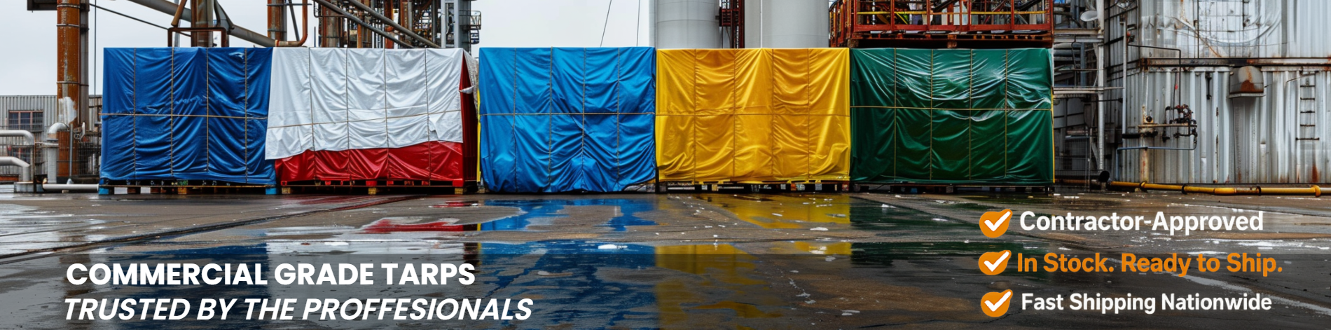 Commercial grade tarps in multiple colors used for industrial and construction tarp applications