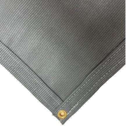 Gray 10' x 10' 86% super shade mesh tarp featuring industrial corner panel support