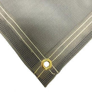 Gray 30' x 60' vinyl mesh tarp with secure fastening corner and reinforced stitching