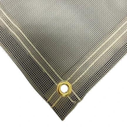 Gray 6' x 8' vinyl mesh tarp with heavy duty fastening corner and reinforced seams
