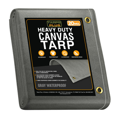 Gray 14' x 20' waterproof canvas tarp folded for durable outdoor rain protection