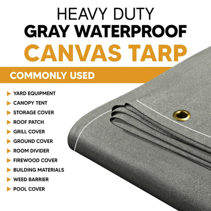 Gray 14' x 20' waterproof canvas tarp suitable for outdoor ground and surface protection