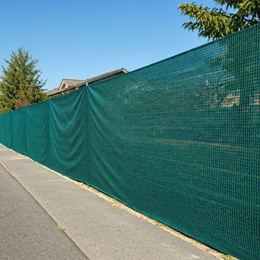 Green 6' x 50' 90% privacy fence mesh tarp creating an outdoor screen wall