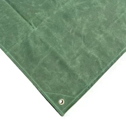 Green 5' x 7' folded canvas tarp displayed with thick utility fabric material