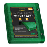 Green 10' x 12' mesh tarp folded for air barrier applications