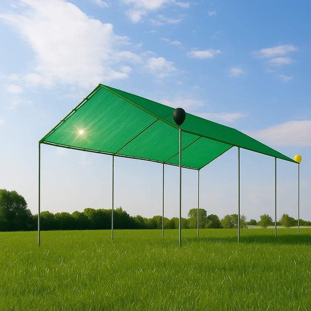 Green 12' x 20' mesh tarp canopy creating an outdoor comfort shelter