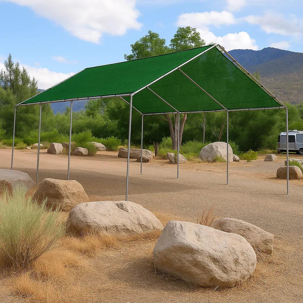 Green 18' x 20' mesh tarp canopy providing extended shade pavilion coverage