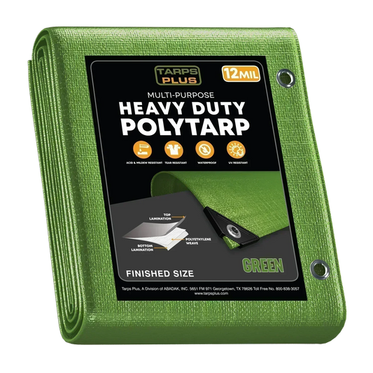 Green 12' x 20' wide forest tarp created for outdoor protection and utility coverage