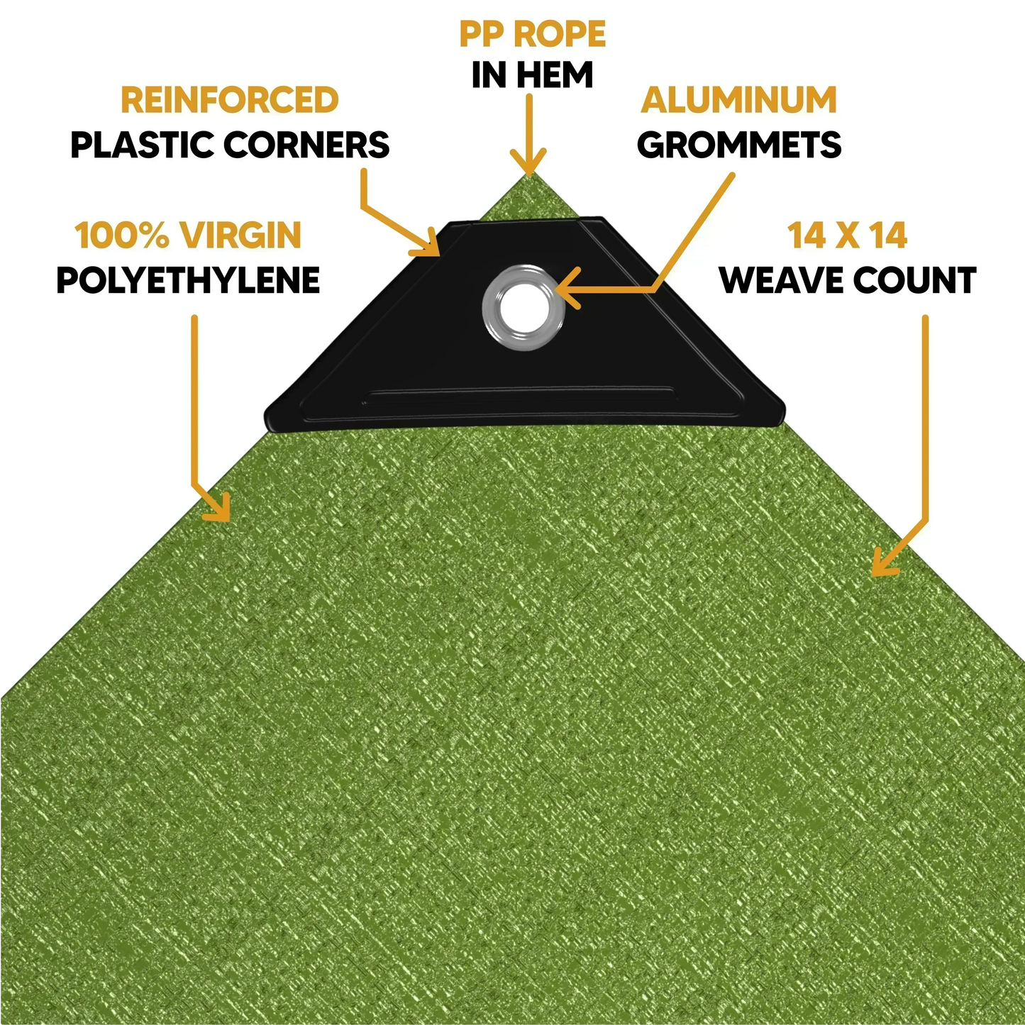 Green 8' x 10' tarp featuring anchor corner support and reinforced fastening construction