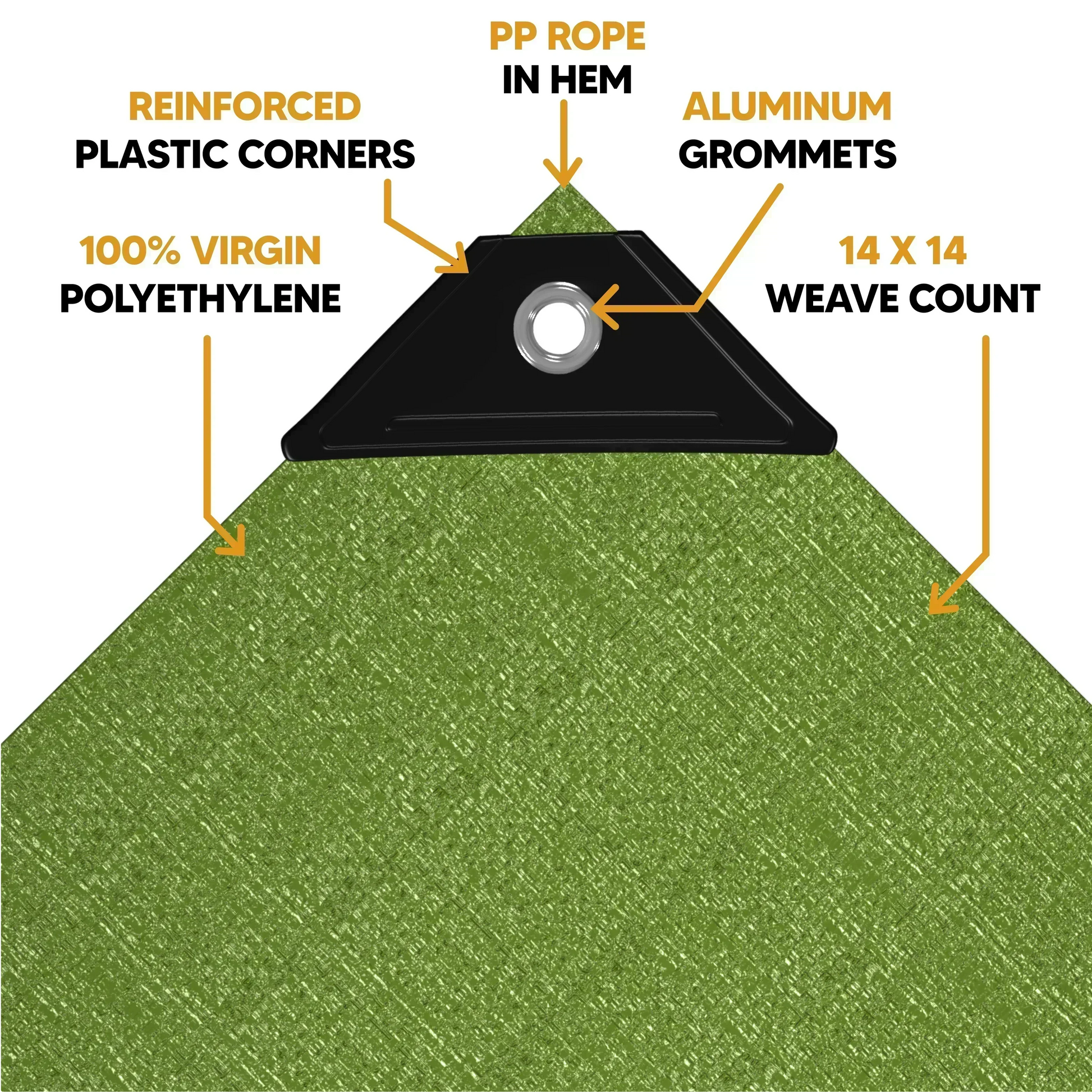 Green 12' x 16' tarps featuring anchor corner support and reinforced fastening construction