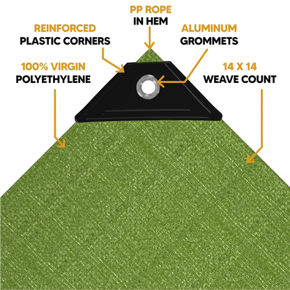 Green 20' x 40' tarps with reinforced edge detail and durable anchor support