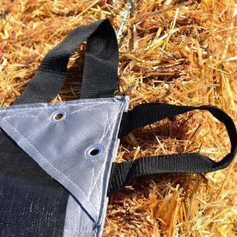 Hay Tarp 48' x 55' showing heavy duty anchor corner with reinforced stitching