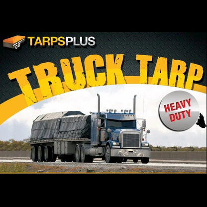 Heavy duty 16' x 27' 18oz lumber tarp with 4 drop rain flaps covering a flatbed truck