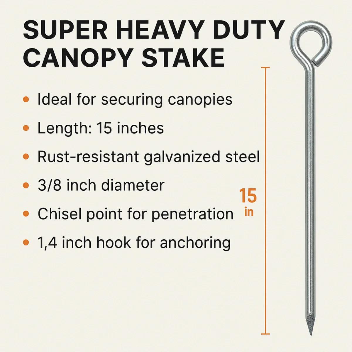 Heavy duty canopy stake 15" displaying product specification and performance information
