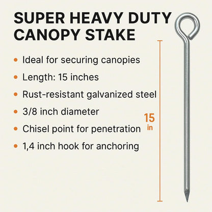 Heavy duty canopy stake 15" displaying product specification and performance information
