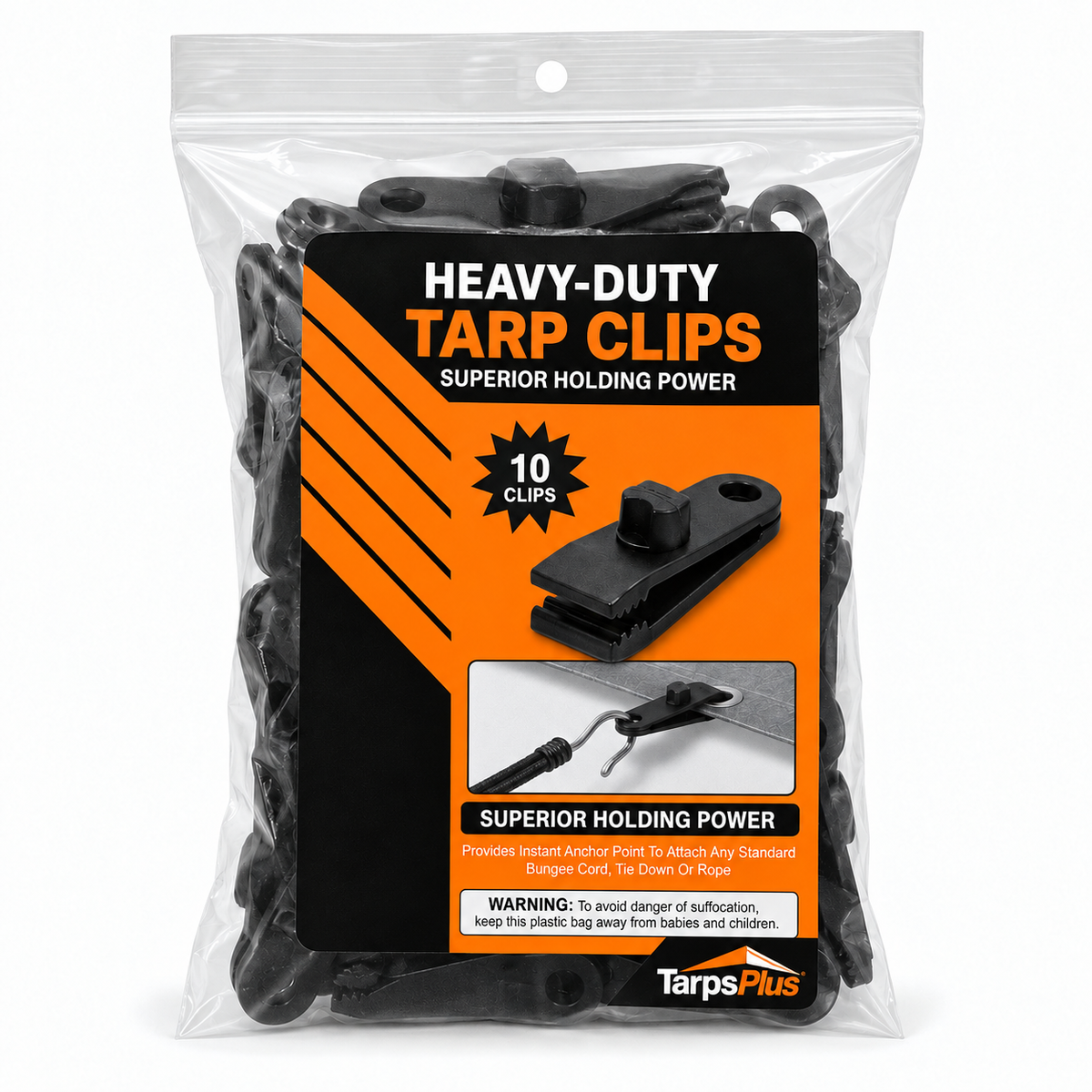 Heavy-duty reusable tarp clips 10 pack shown in retail packaging