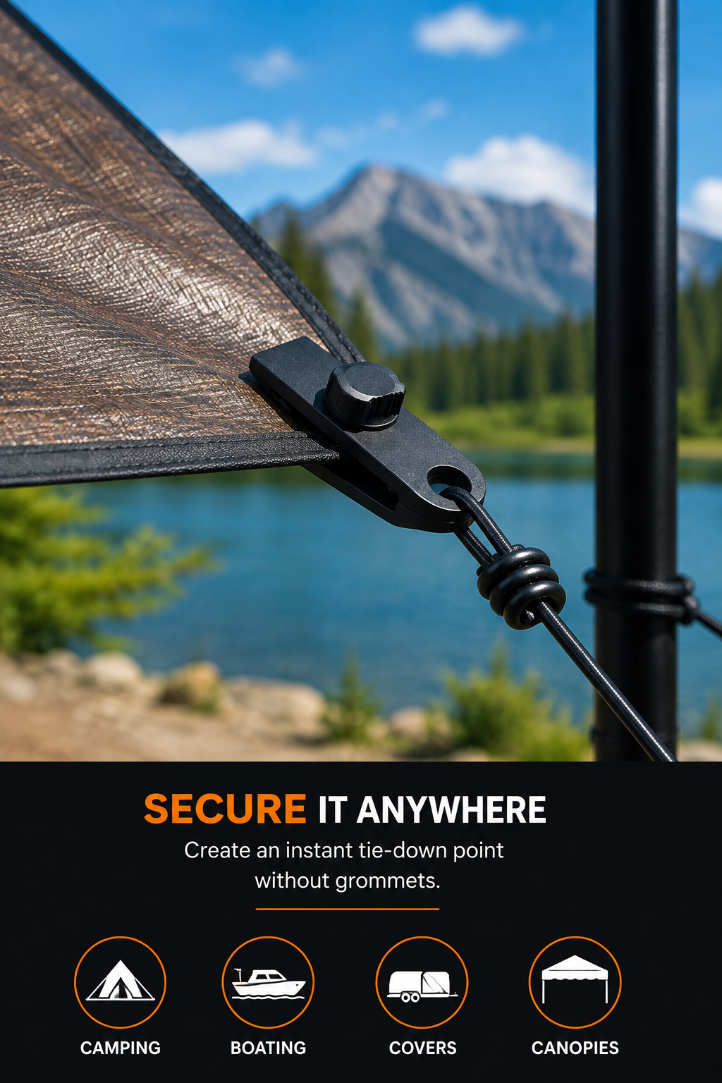 Heavy-duty 10 pack tarp clip securing a tarp with an adjustable locking grip outdoors