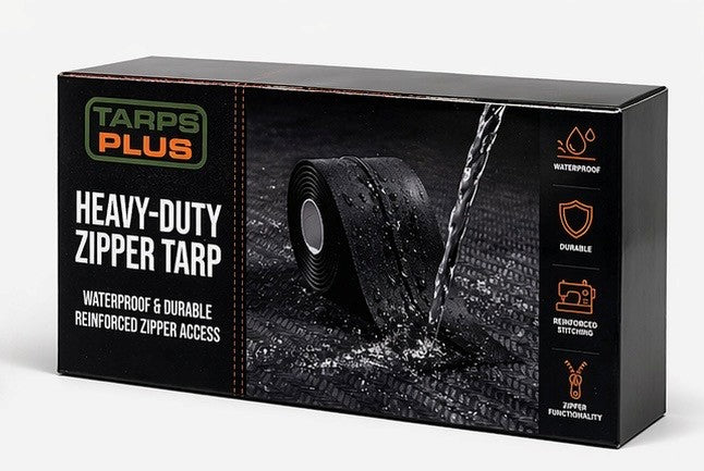 Tarps Plus heavy duty tarp zipper kit box showing waterproof industrial zipper system for tarp access and containment