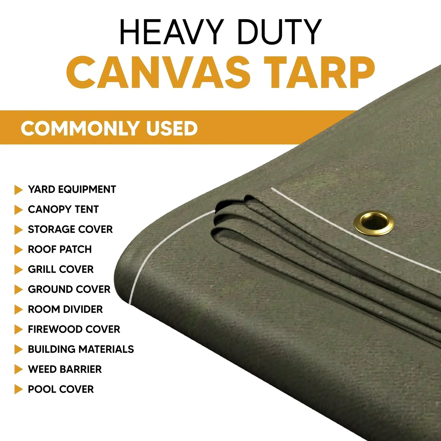 Olive Drab 8' x 10' canvas tarp featuring reinforced grommet edges and stitching