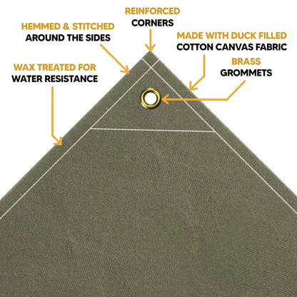 Olive Drab 8' x 12' canvas tarp with reinforced corners and thick cotton weave