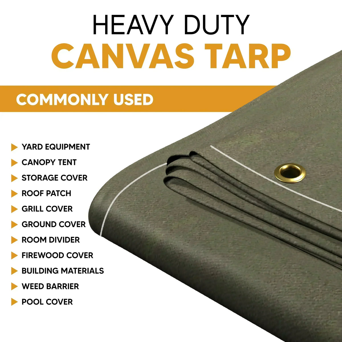 Olive Drab 8' x 12' canvas tarp featuring reinforced grommets and stitched seams