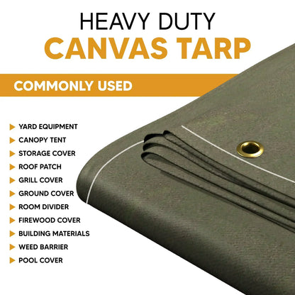 Olive Drab 8' x 12' canvas tarp featuring reinforced grommets and stitched seams