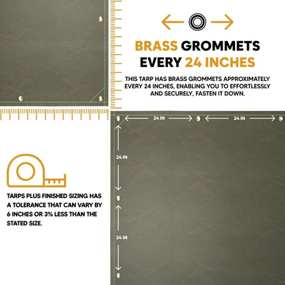 Olive Drab 10' x 12' fire retardant canvas tarp featuring reinforced grommets and stitched seams