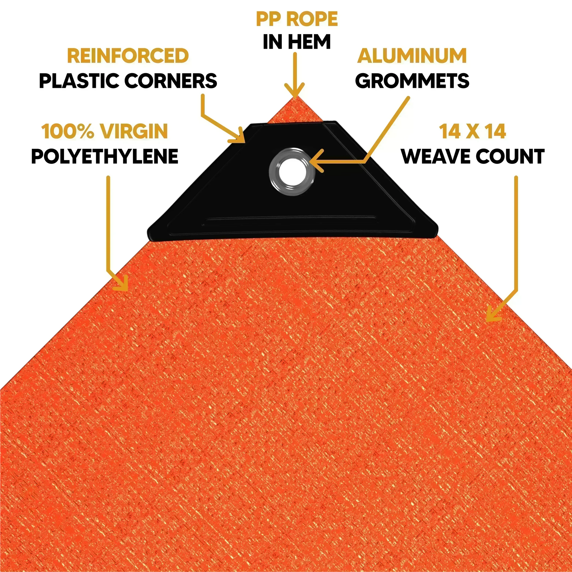 Orange 10' x 12' tarp featuring anchor fastening support and reinforced edge durability