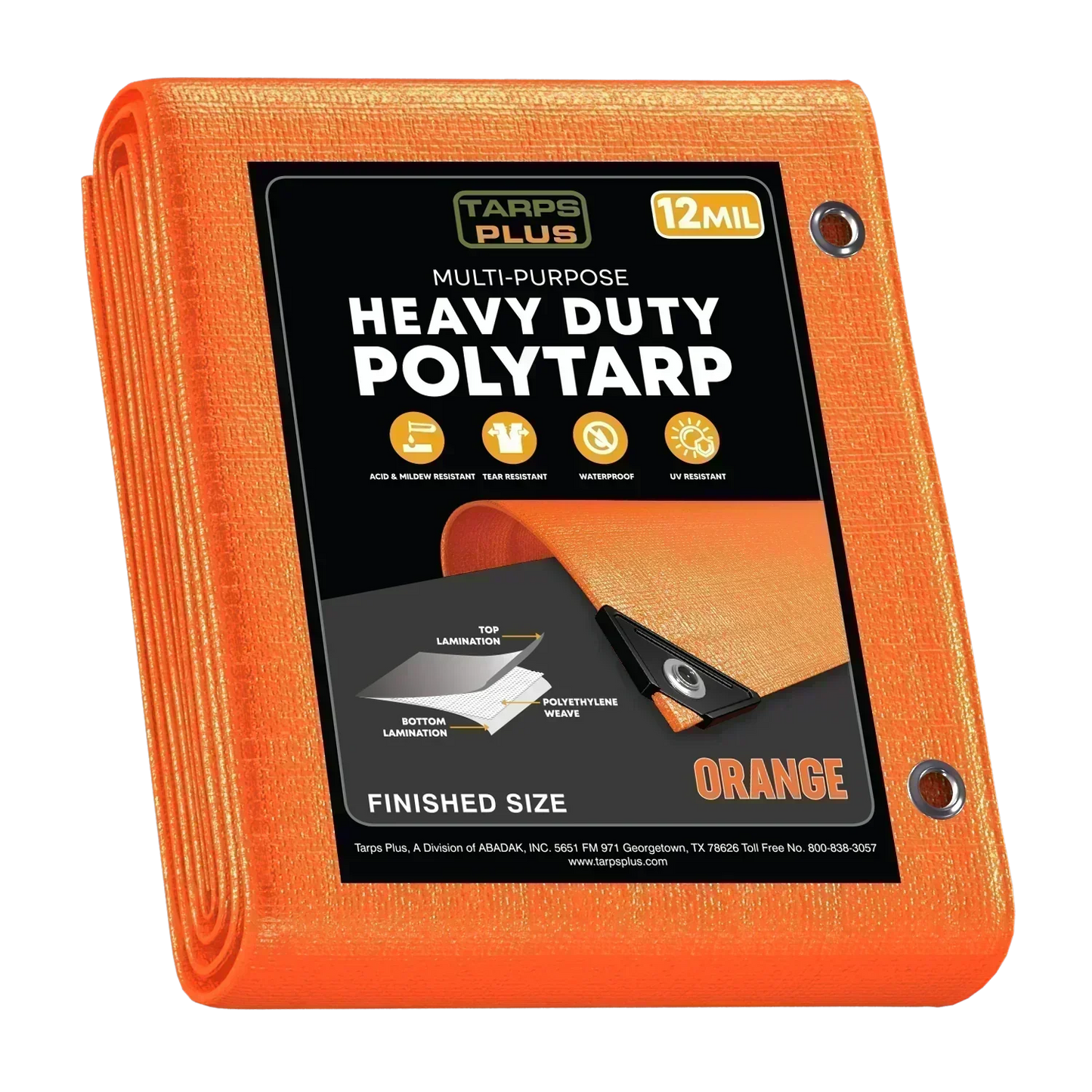 Orange 10' x 12' extra coverage tarp designed for outdoor utility and protection tasks