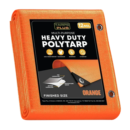 Orange 10' x 12' extra coverage tarp designed for outdoor utility and protection tasks