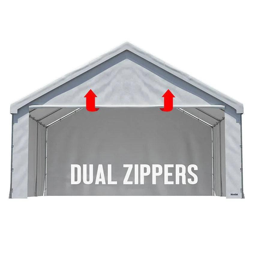 10' peak end wall with zipper featuring a roll up door panel