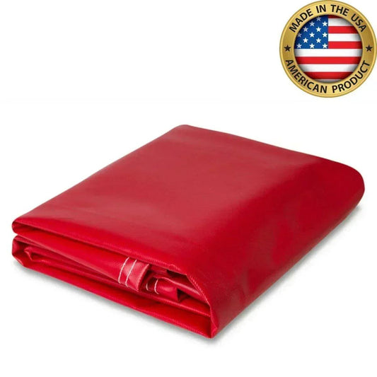 Red 30' x 30' 10oz vinyl tarp featuring heavy duty vinyl coverage