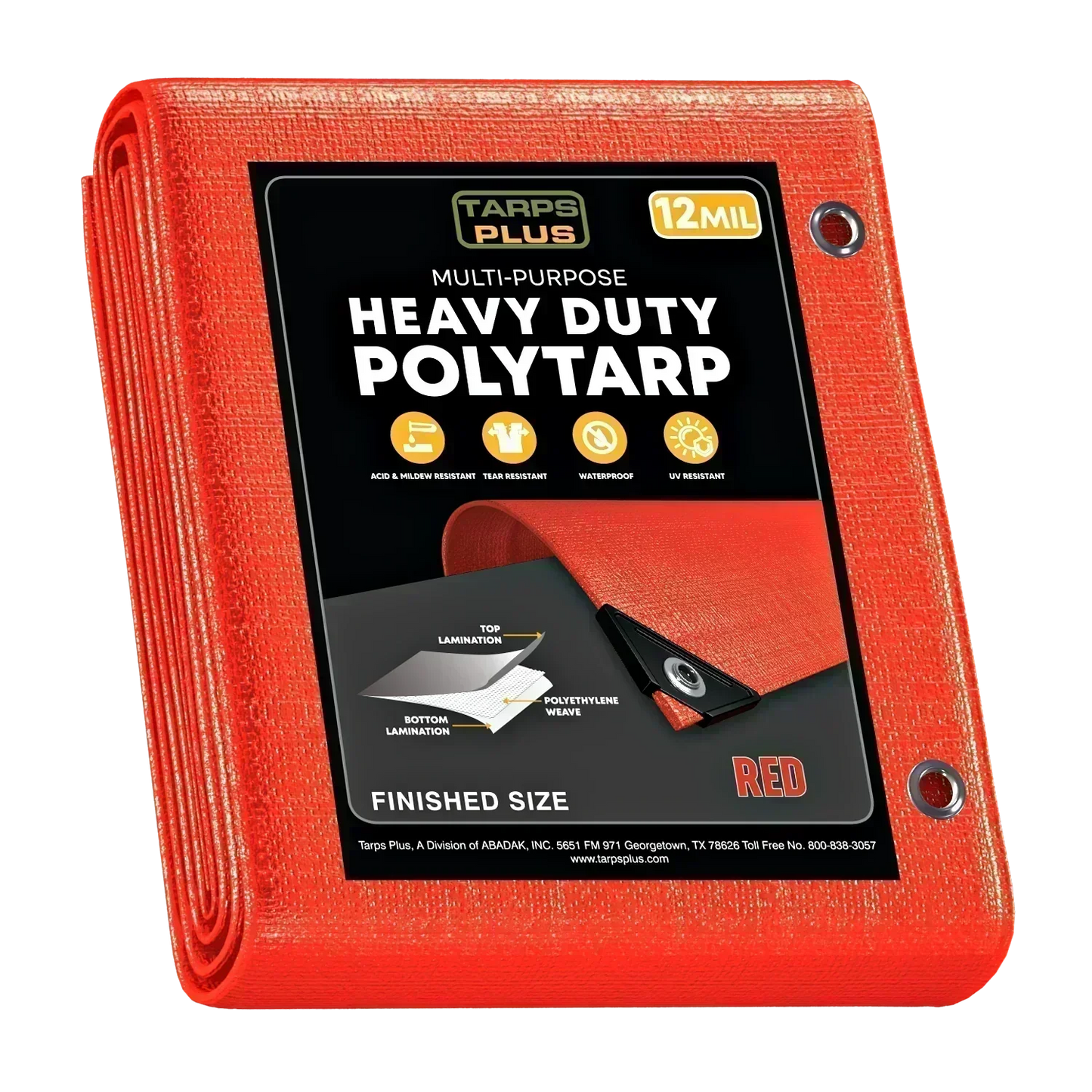 red 12' x 16' poly tarp protecting construction supplies outdoors