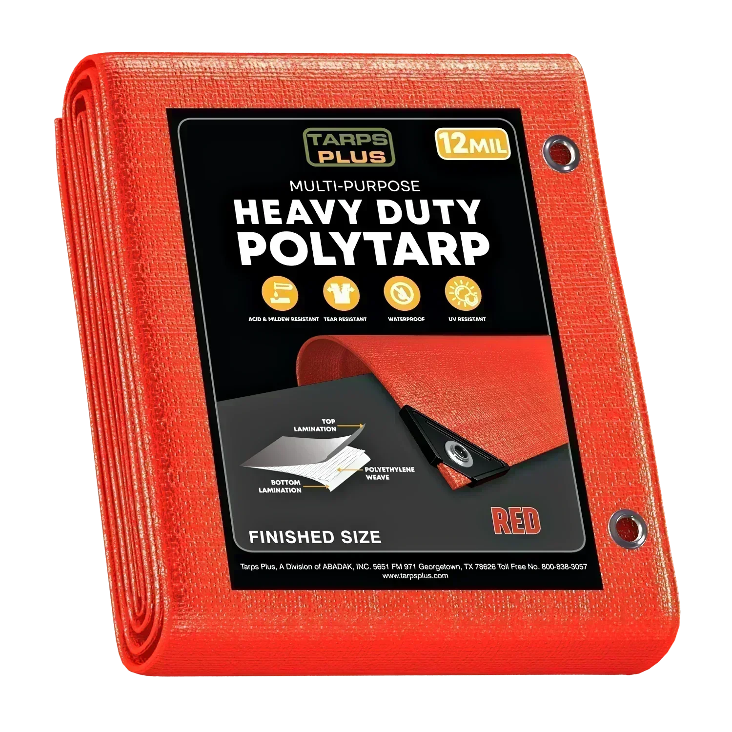 red 12' x 16' poly tarp protecting construction supplies outdoors
