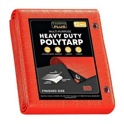 red 12' x 16' poly tarp protecting construction supplies outdoors