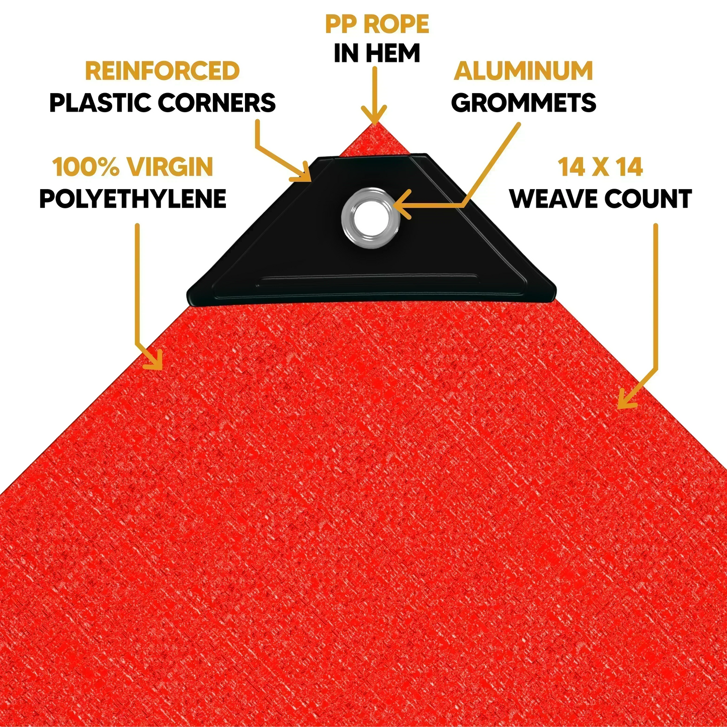 Red 20' x 30' tarp featuring anchor corner support and reinforced fastening construction