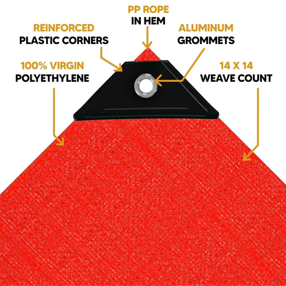 Red 20' x 30' tarp featuring anchor corner support and reinforced fastening construction