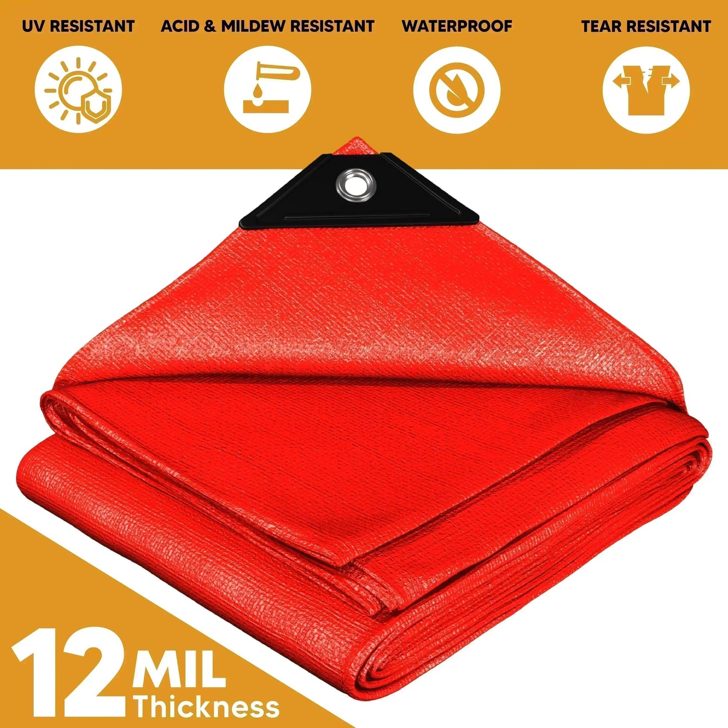 Folded Red 14' x 20' ruby shield tarps prepared for temporary weather barrier projects