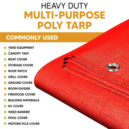 Red 14' x 20' heavy poly tarps built for broad outdoor weather protection applications