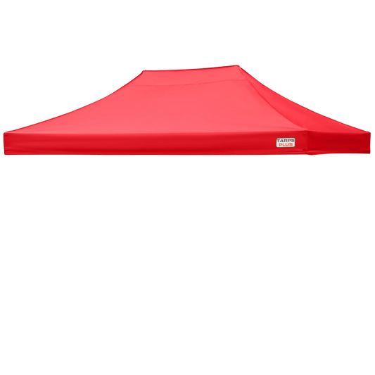 Red 10' x 15' pop-up tent top providing commercial shade roof coverage