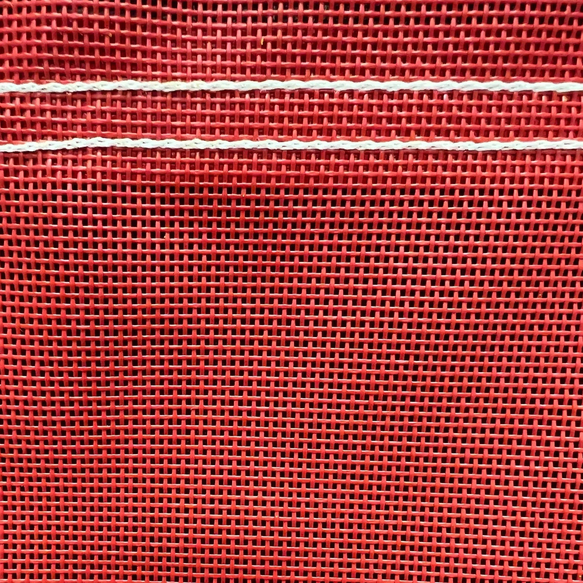Red 30' x 50' vinyl mesh tarp showcasing coated mesh construction and stitched trim
