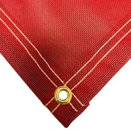 Red 8' x 10' vinyl mesh tarp featuring heavy duty corner fastening and brass grommet