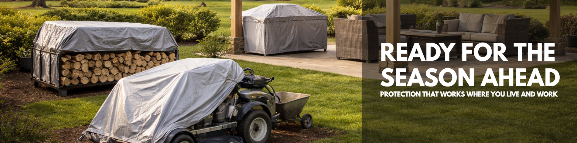 Tarps protecting outdoor equipment and property, ready for the season ahead