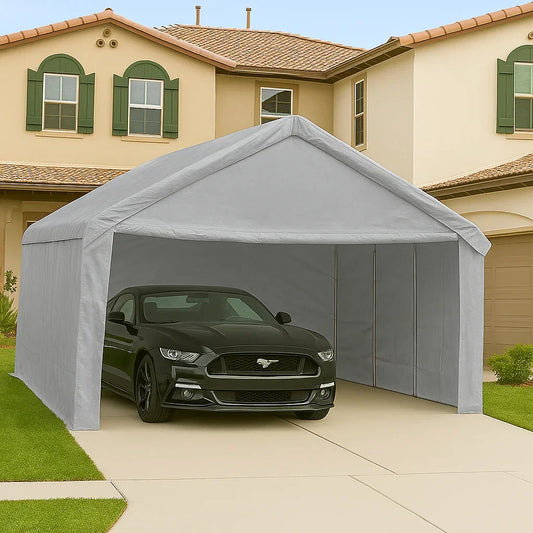 Silver 18' x 20' enclosed tarp canopy creating a spacious protection structure