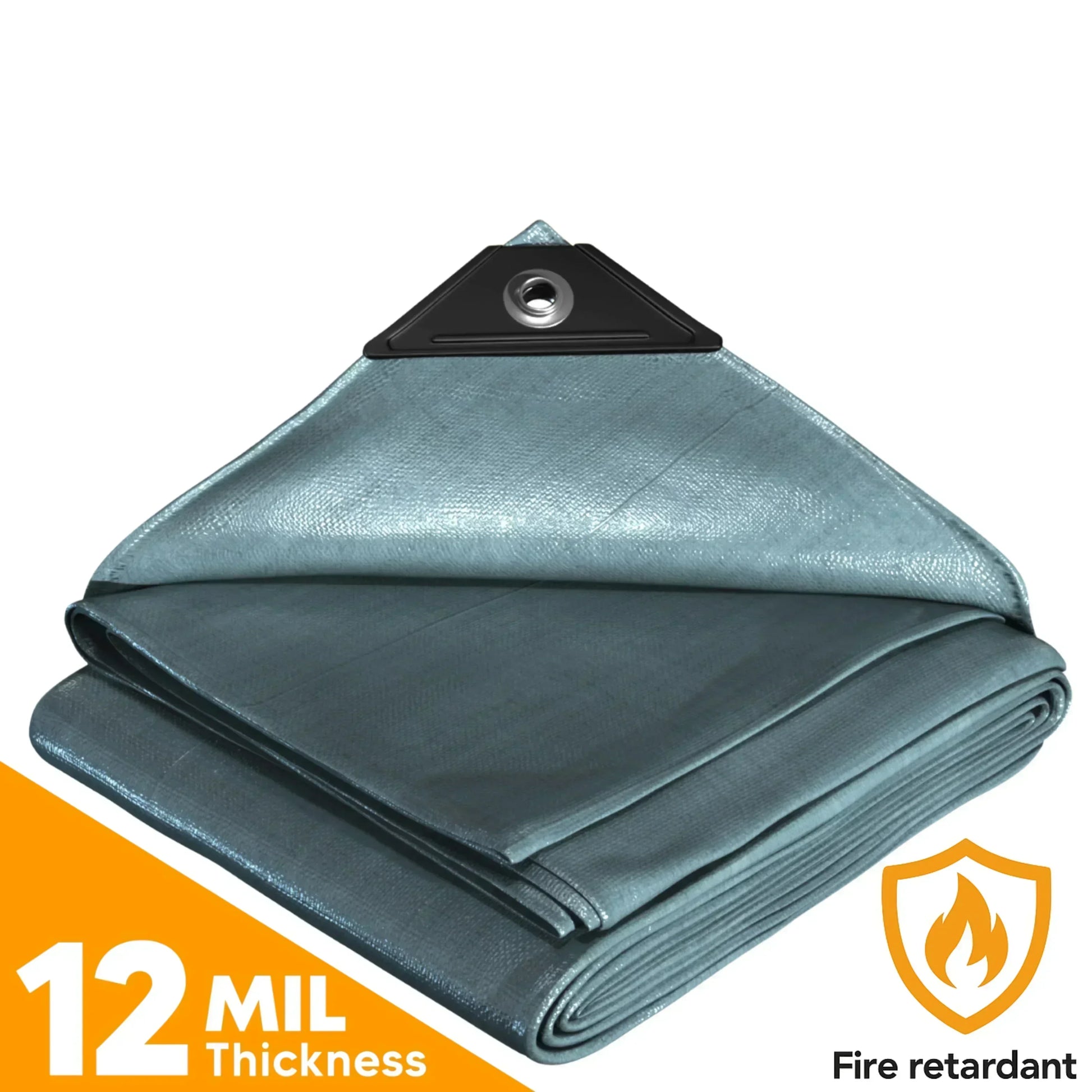 10' x 16' Silver Fire-Retardant Tarp positioned over a work area