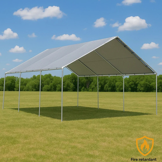 Silver 18' x 20' tarp cover providing commercial picnic shelter coverage