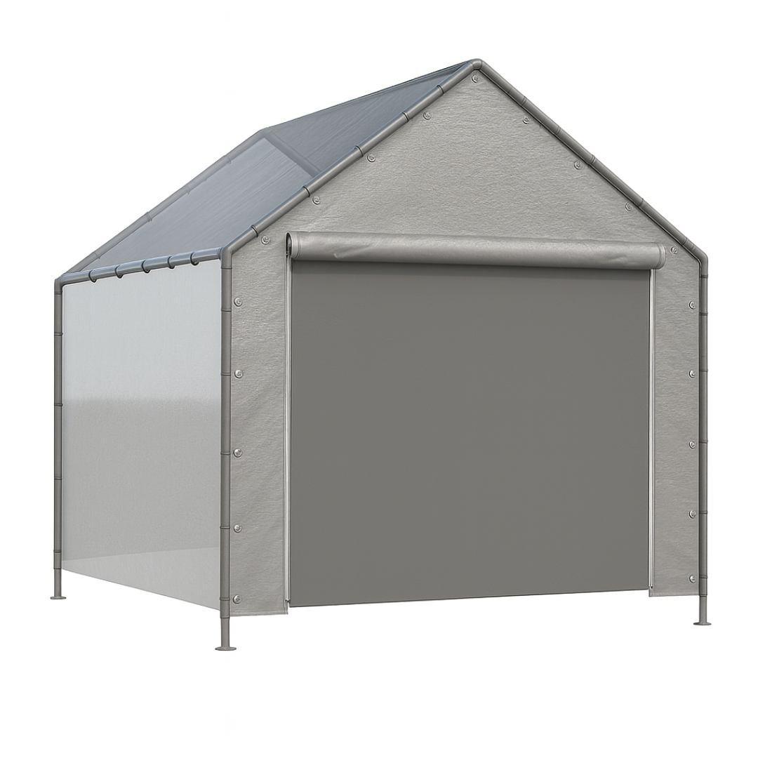 Silver 10' peak end wall with zipper creating a front access wall